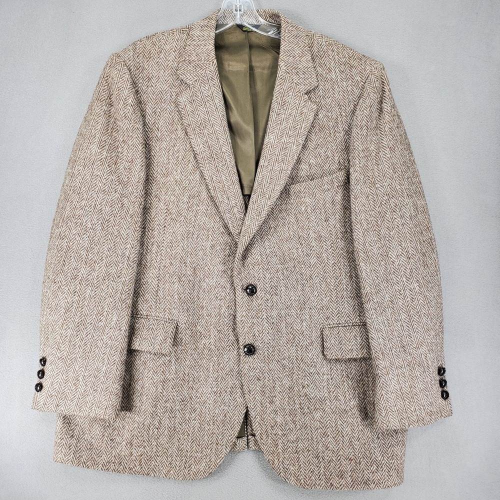 Harris Tweed Sport Coat Mens 46 Brown Herringbone Wool Blazer Two Button USA